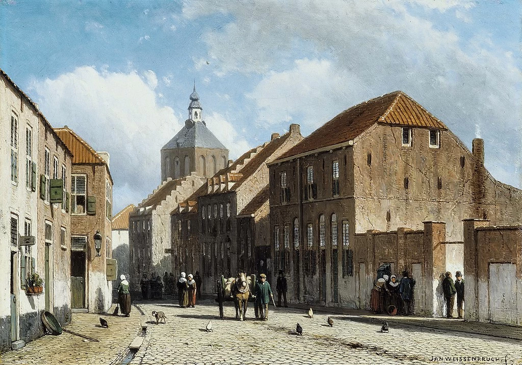 L'Everwijnstraat con la Caffaigne e il Nieuwe Hof a Culemborg, sullo sfondo il Binnenpoort